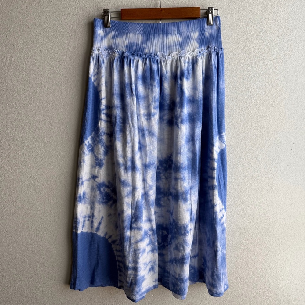Blue White Tie Dye Midi Skirt Elastic Waist Casual Boho Cottagecore B